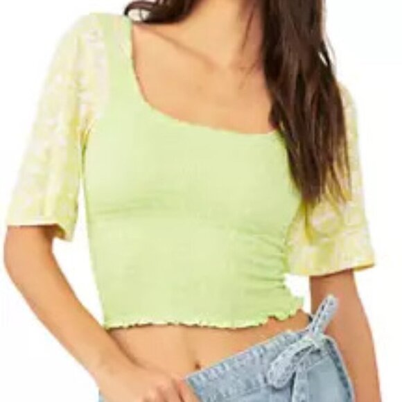 Free People Green Floral Marigold Smocked Cropped Top - Picture 1 of 7
